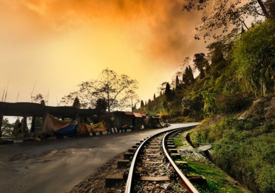 The iconic toy train of Darjeeling Himalayan Railway, chugging through the picturesque landscapes of the region.